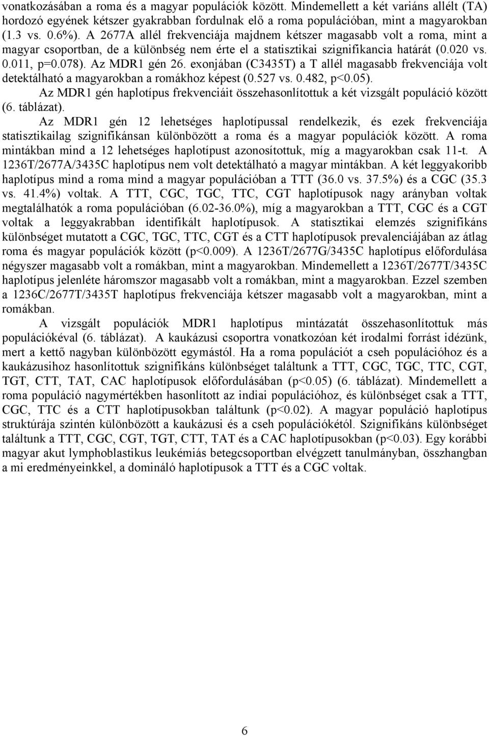 exonjában (C3435T) a T allél magasabb frekvenciája volt detektálható a magyarokban a romákhoz képest (0.527 vs. 0.482, p<0.05).