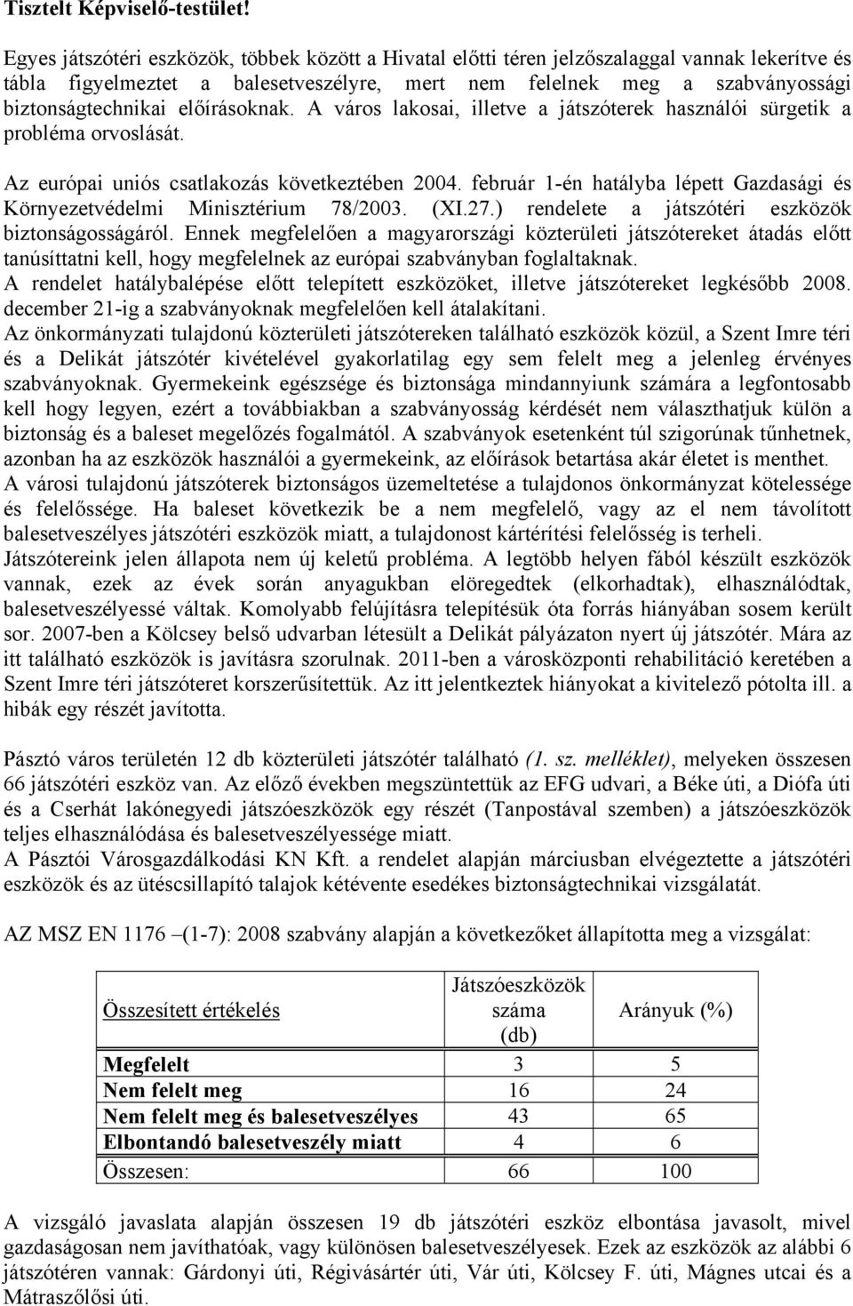 előírásoknak. A város lakosai, illetve a játszóterek használói sürgetik a probléma orvoslását. Az európai uniós csatlakozás következtében 2004.