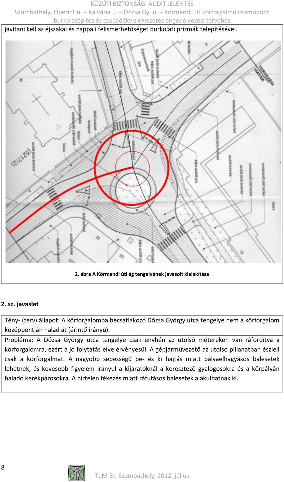 Probléma: A Dózsa György utca tengelye csak enyhén az utolsó métereken van ráfordítva a körforgalomra, ezért a jó folytatás elve érvényesül.