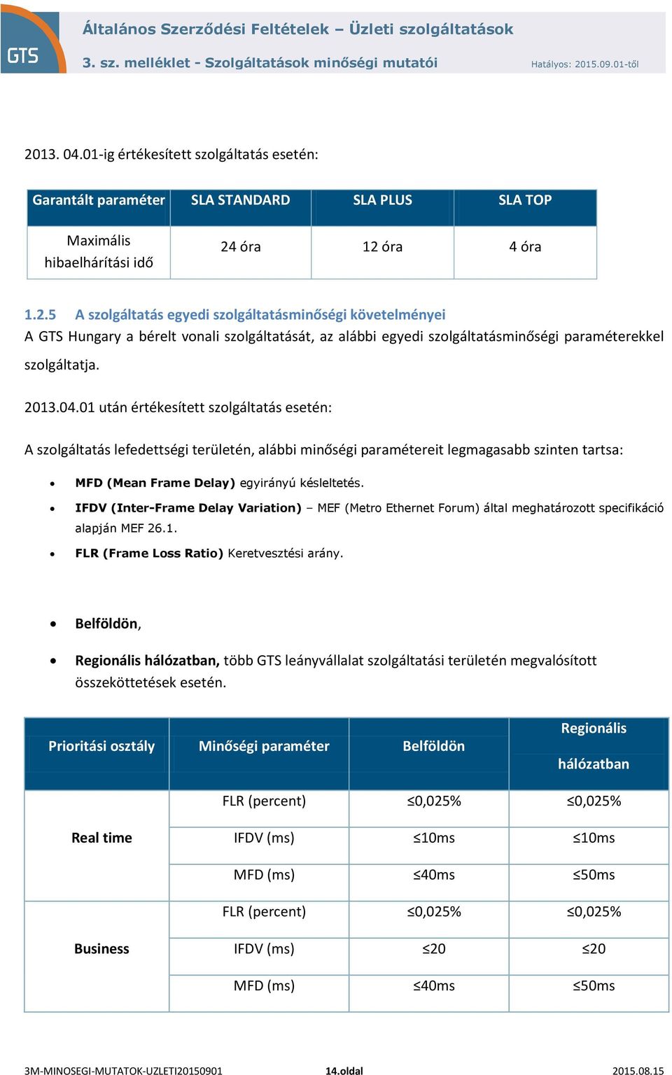 IFDV (Inter-Frame Delay Variation) MEF (Metro Ethernet Forum) által meghatározott specifikáció alapján MEF 26.1. FLR (Frame Loss Ratio) Keretvesztési arány.