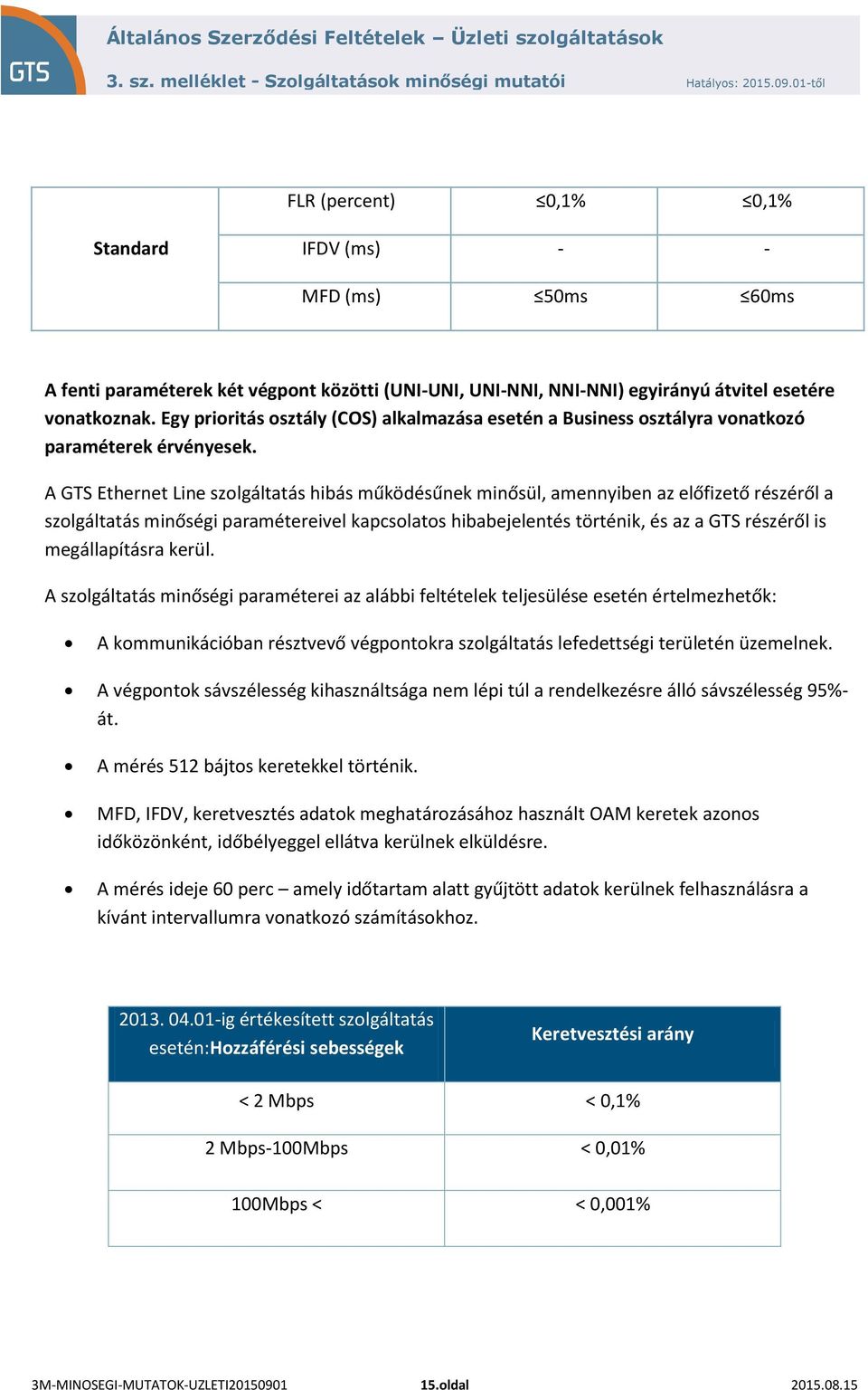 A GTS Ethernet Line szolgáltatás hibás működésűnek minősül, amennyiben az előfizető részéről a szolgáltatás minőségi paramétereivel kapcsolatos hibabejelentés történik, és az a GTS részéről is