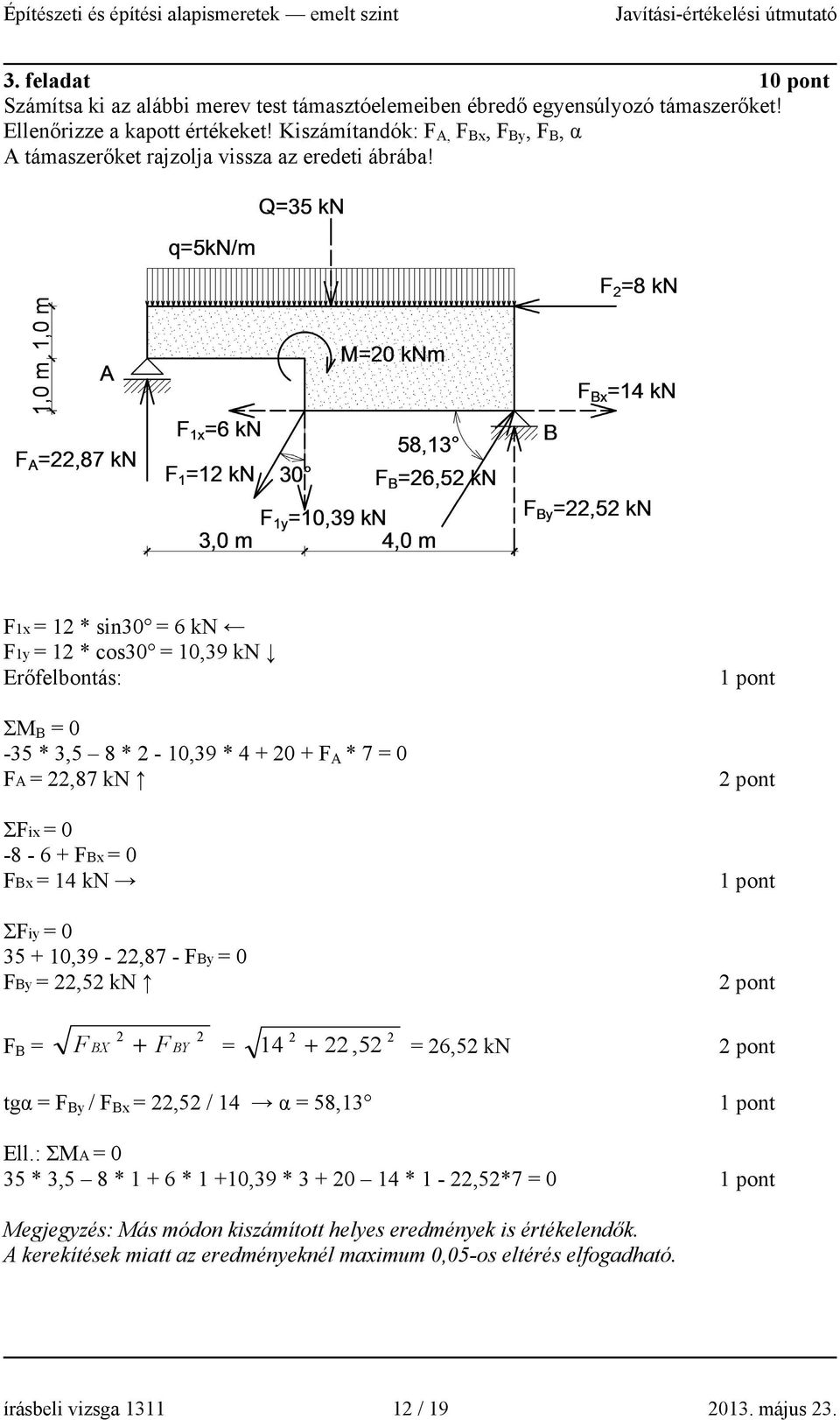 F1x = 12 * sin30 = 6 kn F1y = 12 * cos30 = 10,39 kn Erőfelbontás: ΣM B = 0-35 * 3,5 8 * 2-10,39 * 4 + 20 + F A * 7 = 0 FA = 22,87 kn ΣFix = 0-8 - 6 + FBx = 0 FBx = 14 kn ΣFiy = 0 35 + 10,39-22,87 -