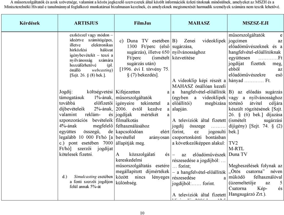 évi I. törvény 75. (7) bekezdés]. Jogdíj: költségvetési Kifejezetten támogtásuk 1%-ánk, műsorszolgálttók továbbá előfizetői igényeire tekintettel díjbevételeik 2%-ánk, 2006.