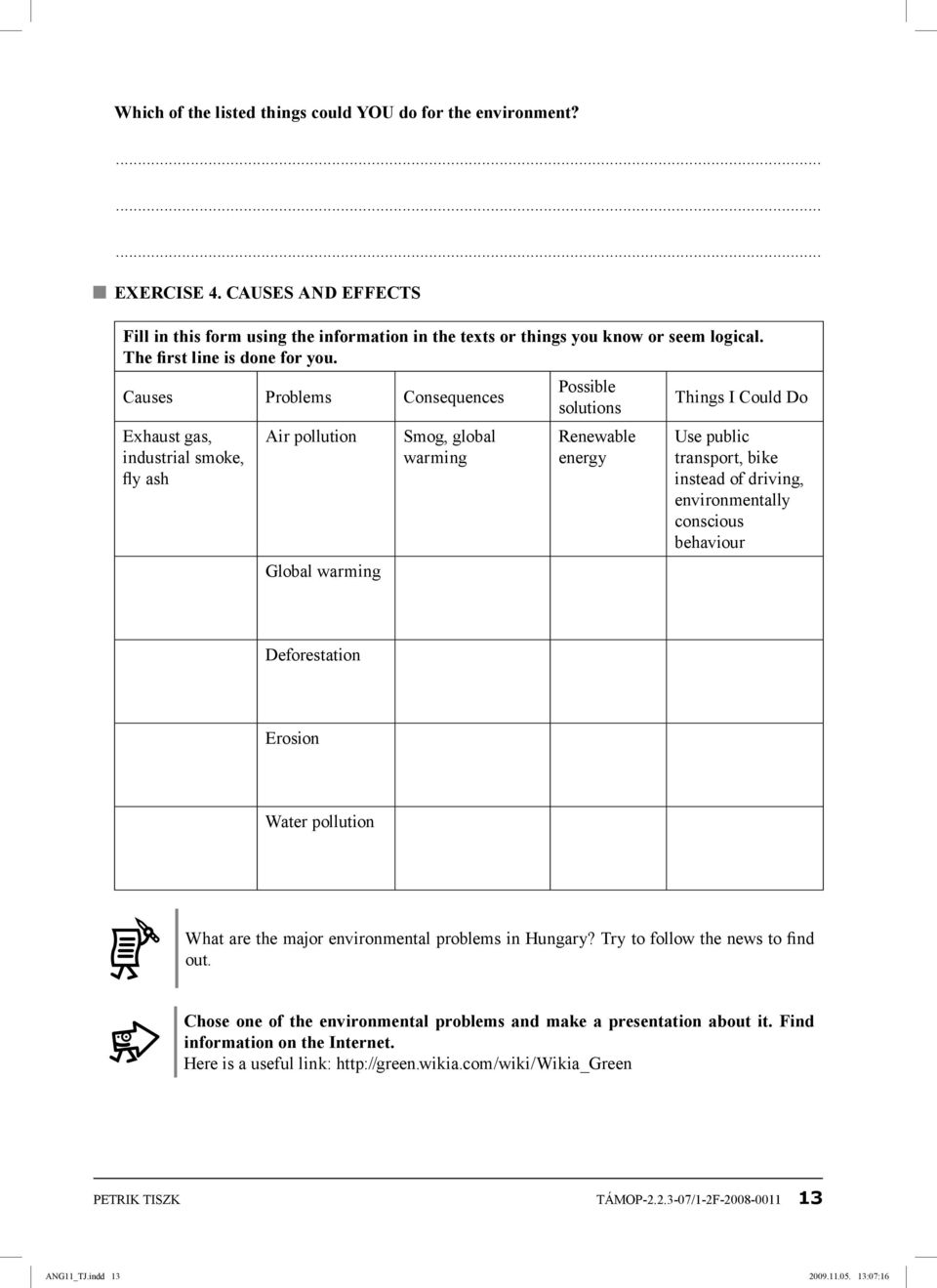 Causes Problems Consequences Exhaust gas, industrial smoke, fly ash Air pollution Global warming Smog, global warming Possible solutions Renewable energy Things I Could Do Use public transport, bike