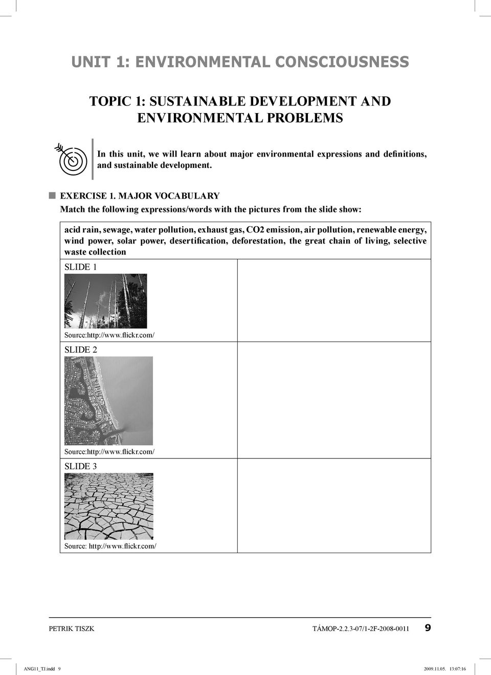 MAJOR VOCABULARY Match the following expressions/words with the pictures from the slide show: acid rain, sewage, water pollution, exhaust gas, CO2 emission, air pollution,