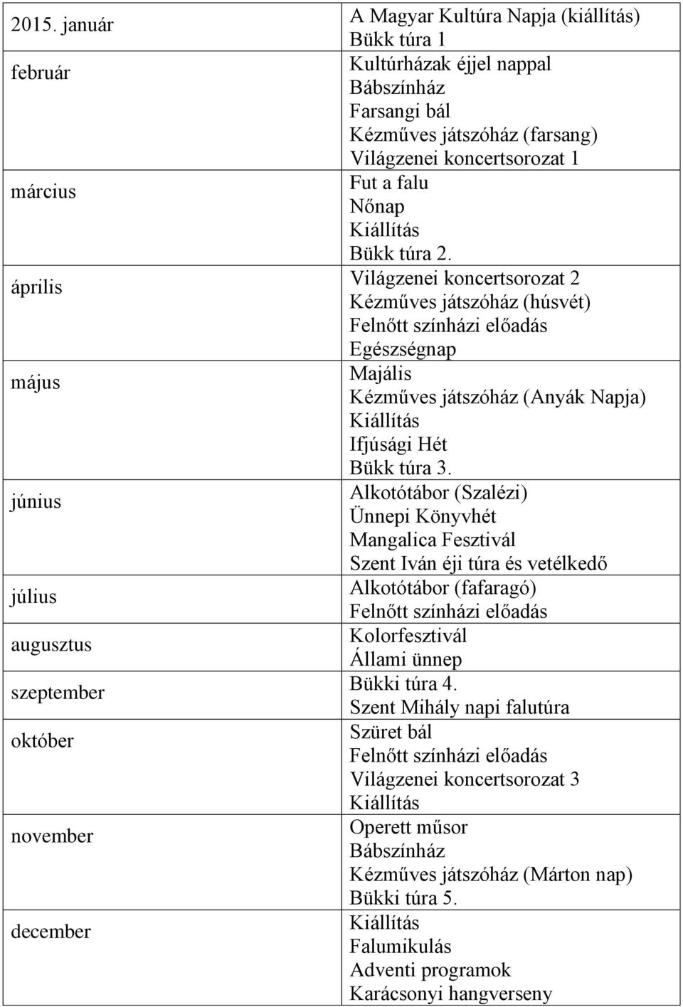 Világzenei koncertsorozat 2 Kézműves játszóház (húsvét) Egészségnap Majális Kézműves játszóház (Anyák Napja) Ifjúsági Hét Bükk túra 3.