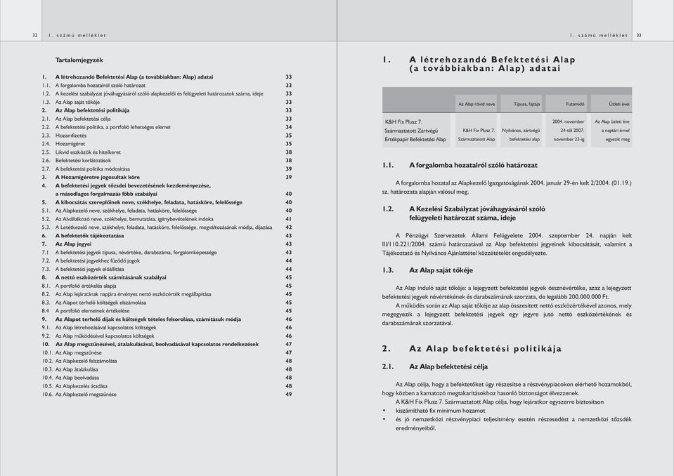 Likvid eszközök és hitelkeret 2.6. Befektetési korlátozások 2.7. A befektetési politika módosítása 3. A Hozamígéretre jogosultak köre 4.