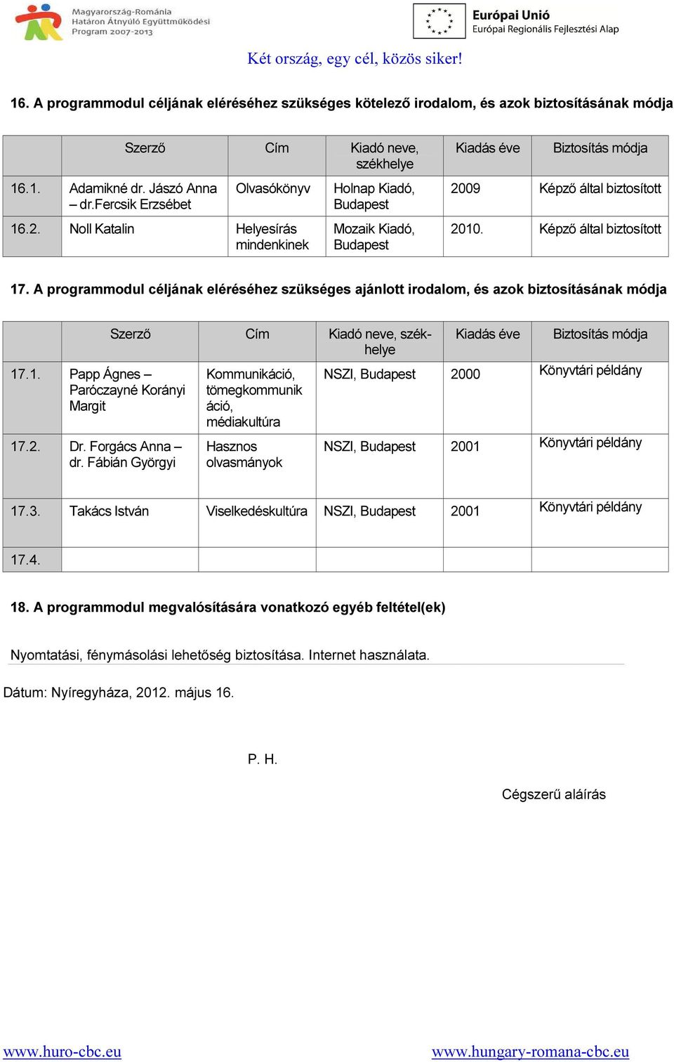 A programmodul céljának eléréséhez szükséges ajánlott irodalom, és azok biztosításának módja 17.1. Papp Ágnes Paróczayné Korányi Margit 17.2. Dr. Forgács Anna dr.