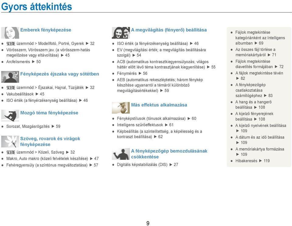 beállítása) 46 Mozgó téma fényképezése Sorozat, Mozgásrögzítés 59 Szöveg, rovarok és virágok fényképezése s üzemmód > Közeli, Szöveg 32 Makro, Auto makro (közeli felvételek készítése) 47
