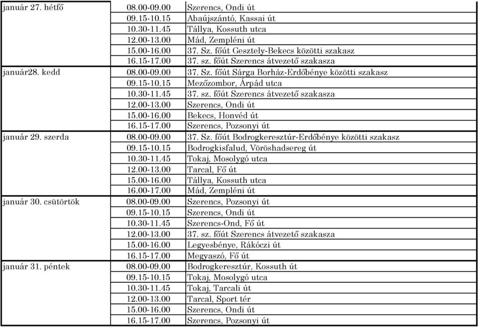 15-10.15 Mezőzombor, Árpád utca 10.30-11.45 37. sz. főút Szerencs átvezető szakasza 12.00-13.00 Szerencs, Ondi út 15.00-16.00 Bekecs, Honvéd út 16.15-17.00 Szerencs, Pozsonyi út 08.00-09.00 37. Sz. főút Bodrogkeresztúr-Erdőbénye közötti szakasz 09.