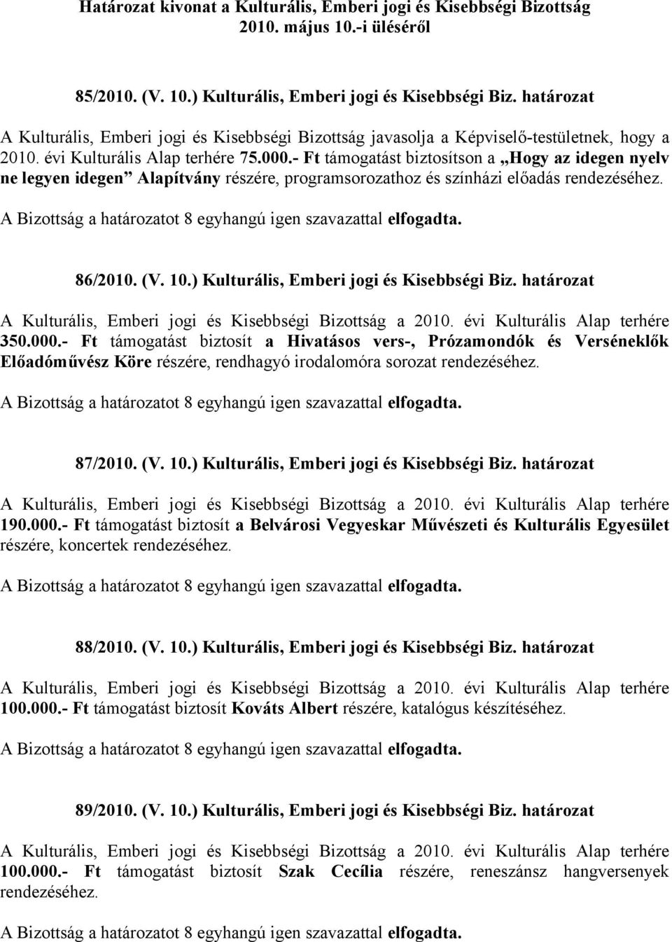 határozat 350.000.- Ft támogatást biztosít a Hivatásos vers-, Prózamondók és Verséneklők Előadóművész Köre részére, rendhagyó irodalomóra sorozat rendezéséhez. 87/2010. (V. 10.