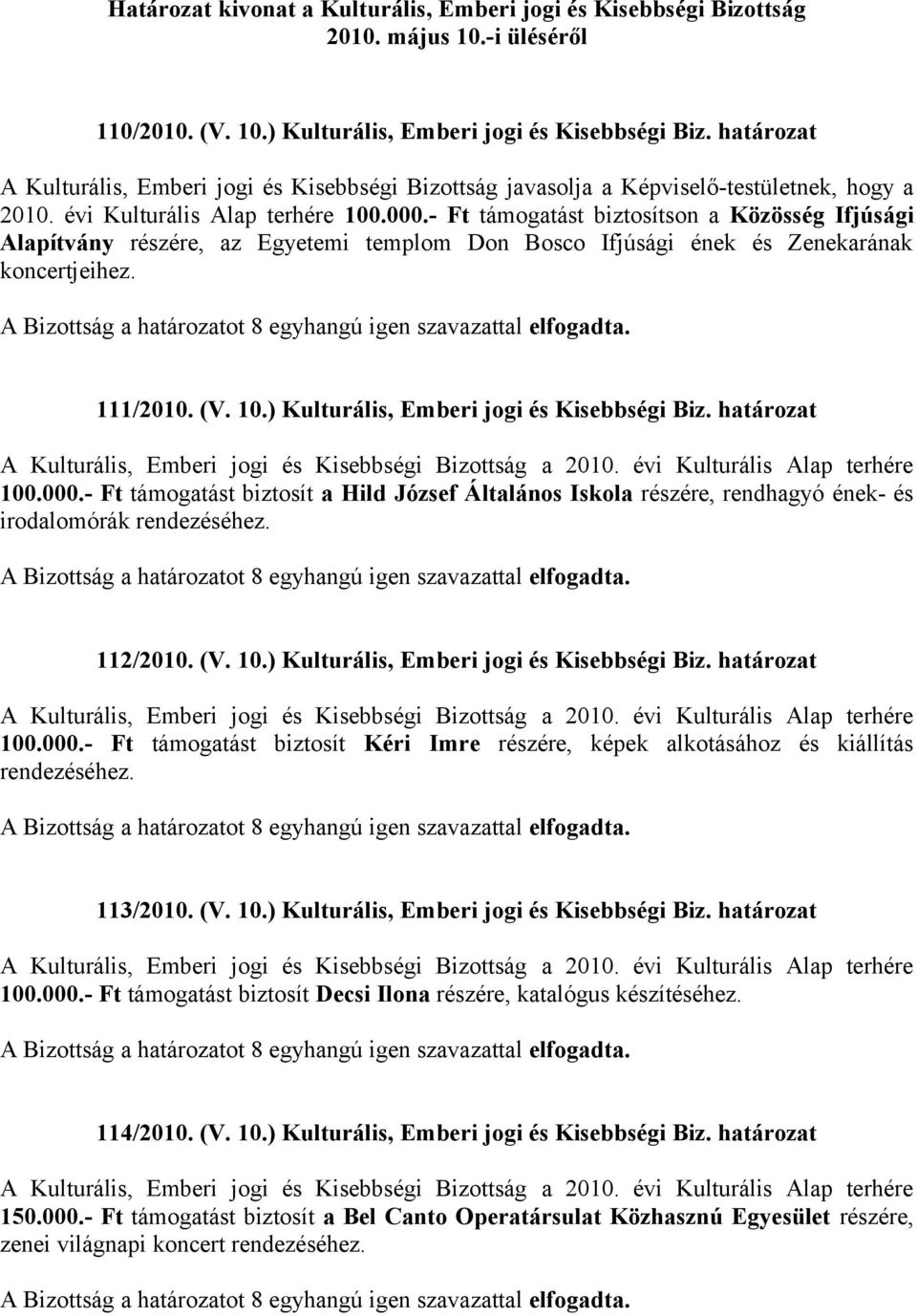 ) Kulturális, Emberi jogi és Kisebbségi Biz. határozat 100.000.- Ft támogatást biztosít a Hild József Általános Iskola részére, rendhagyó ének- és irodalomórák rendezéséhez. 112/2010. (V. 10.) Kulturális, Emberi jogi és Kisebbségi Biz. határozat 100.000.- Ft támogatást biztosít Kéri Imre részére, képek alkotásához és kiállítás rendezéséhez.