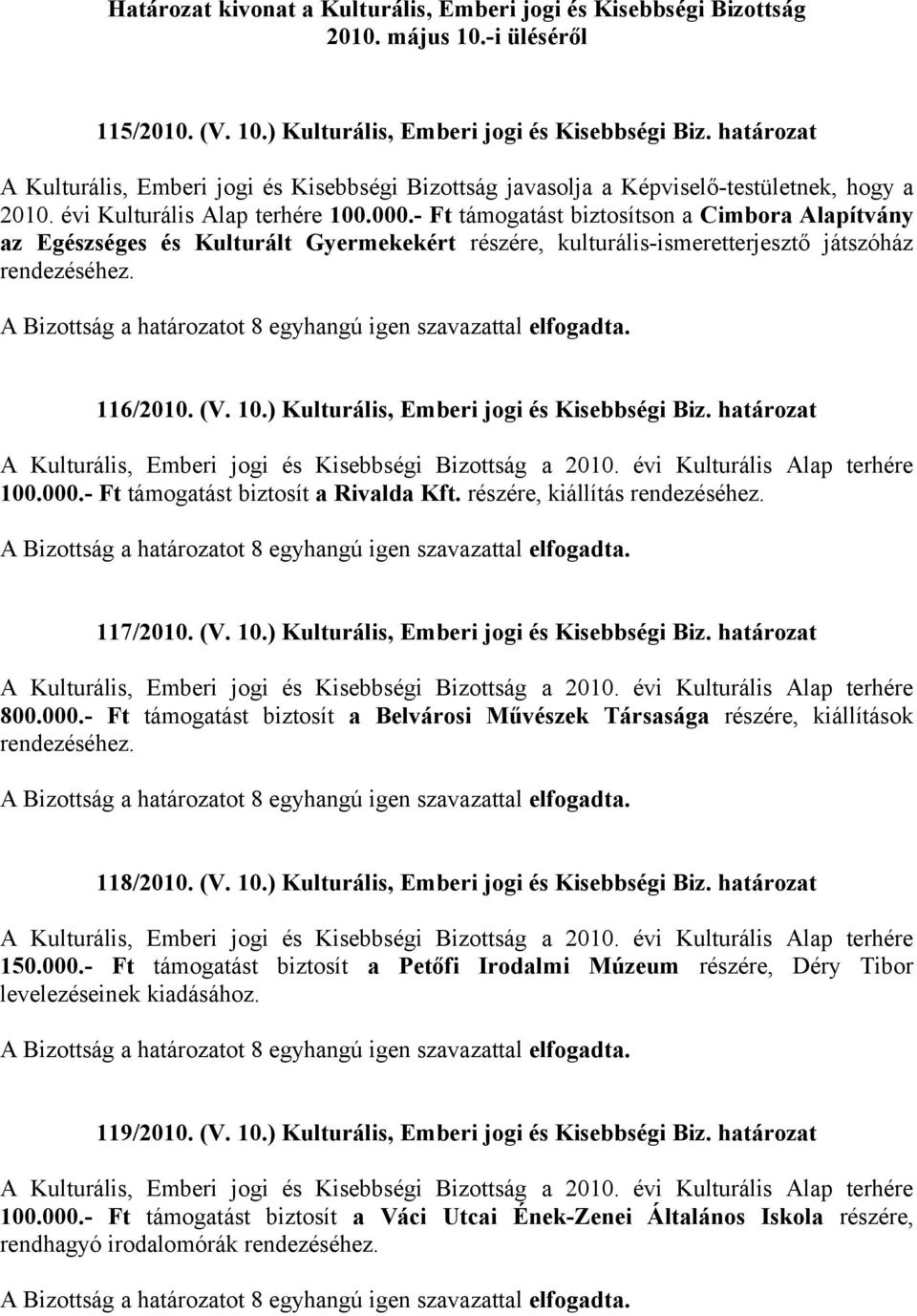 ) Kulturális, Emberi jogi és Kisebbségi Biz. határozat 100.000.- Ft támogatást biztosít a Rivalda Kft. részére, kiállítás rendezéséhez. 117/2010. (V. 10.) Kulturális, Emberi jogi és Kisebbségi Biz. határozat 800.