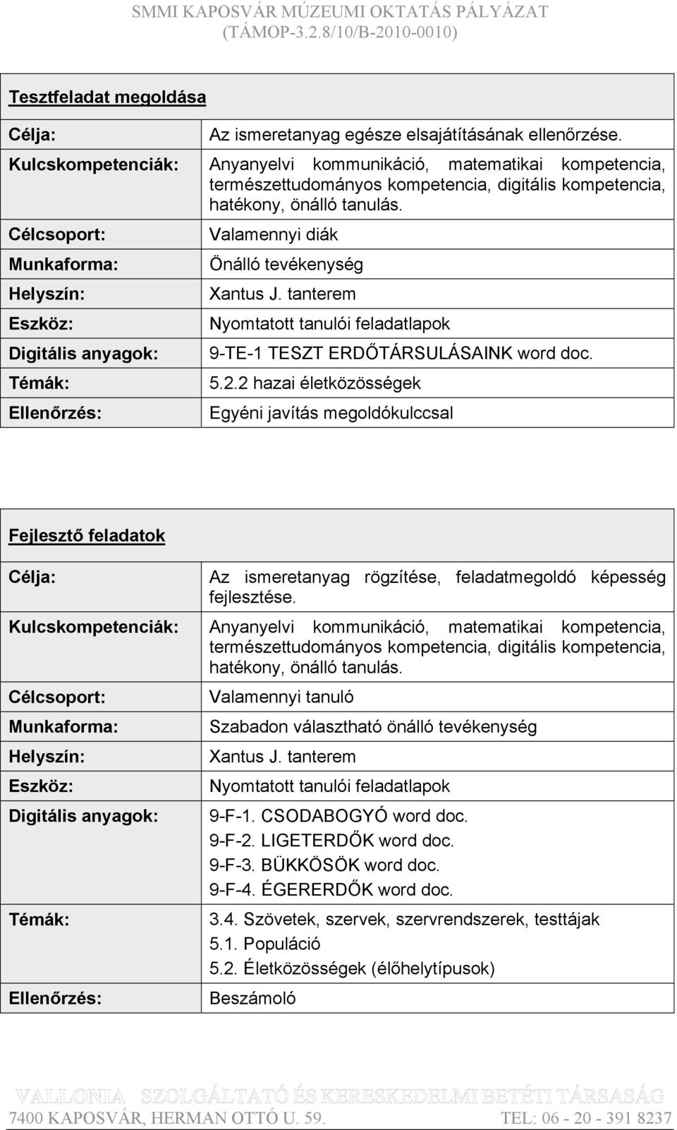 Valamennyi diák Önálló tevékenység Nyomtatott tanulói feladatlapok 9-TE-1 TESZT ERDŐTÁRSULÁSAINK word doc. 5.2.