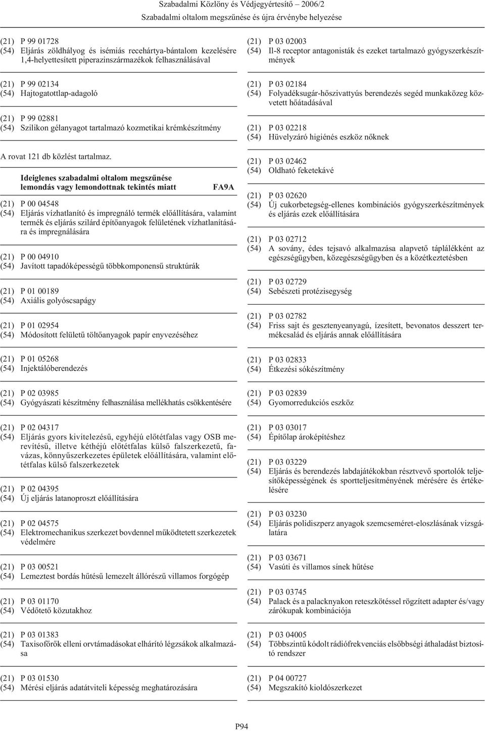 Ideiglenes szabadalmi oltalom megszûnése lemondás vagy lemondottnak tekintés miatt FA9A (21) P 00 04548 (54) Eljárás vízhatlanító és impregnáló termék, valamint termék és eljárás szilárd építõanyagok