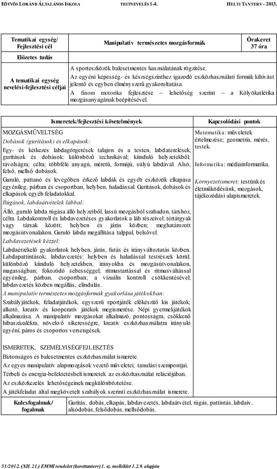 A finom motorika fejlesztése lehetőség szerint a Kölyökatlétika mozgásanyagának beépítésével.