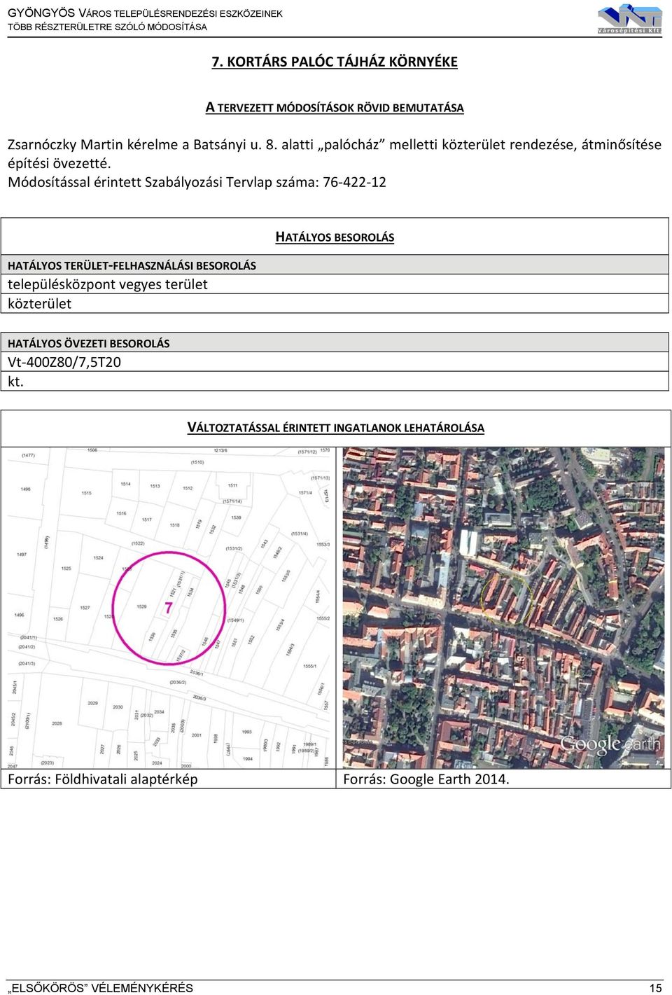 Módosítással érintett Szabályozási Tervlap száma: 76 422 12 HATÁLYOS TERÜLET FELHASZNÁLÁSI BESOROLÁS településközpont vegyes terület