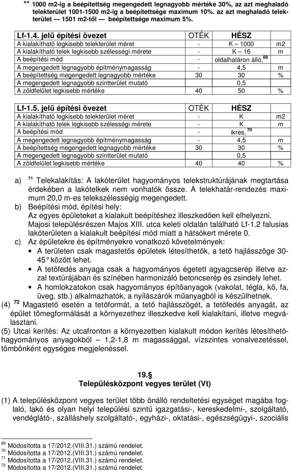 jelű építési övezet OTÉK HÉSZ A kialakítható legkisebb telekterület méret - K 1000 m2 A kialakítható telek legkisebb szélességi mérete - K 16 m A beépítési mód - oldalhatáron álló, 69 A megengedett