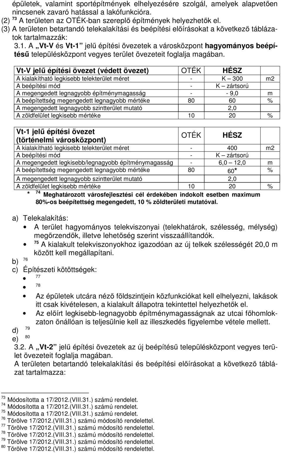 A Vt-V és Vt-1 jelű építési övezetek a városközpont hagyományos beépítésű településközpont vegyes terület övezeteit foglalja magában.