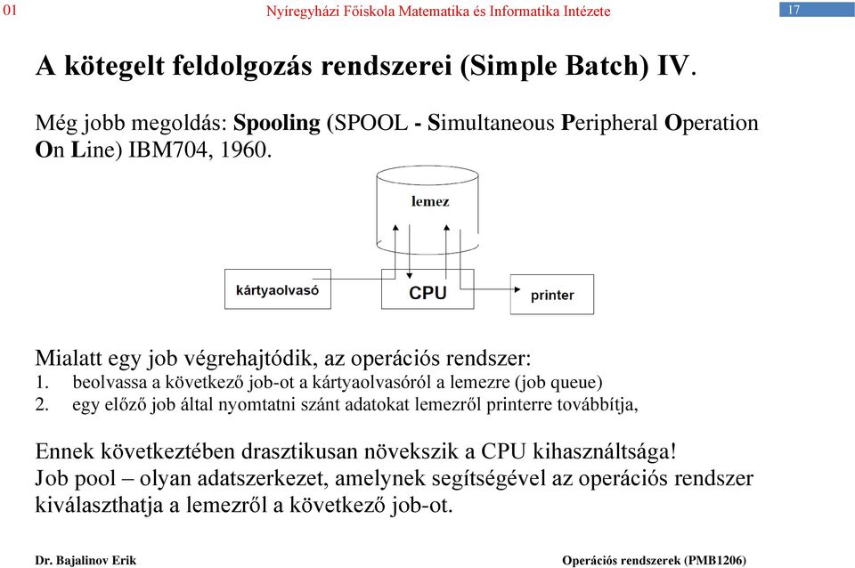 Mialatt egy job végrehajtódik, az operációs rendszer: 1. beolvassa a következő job-ot a kártyaolvasóról a lemezre (job queue) 2.