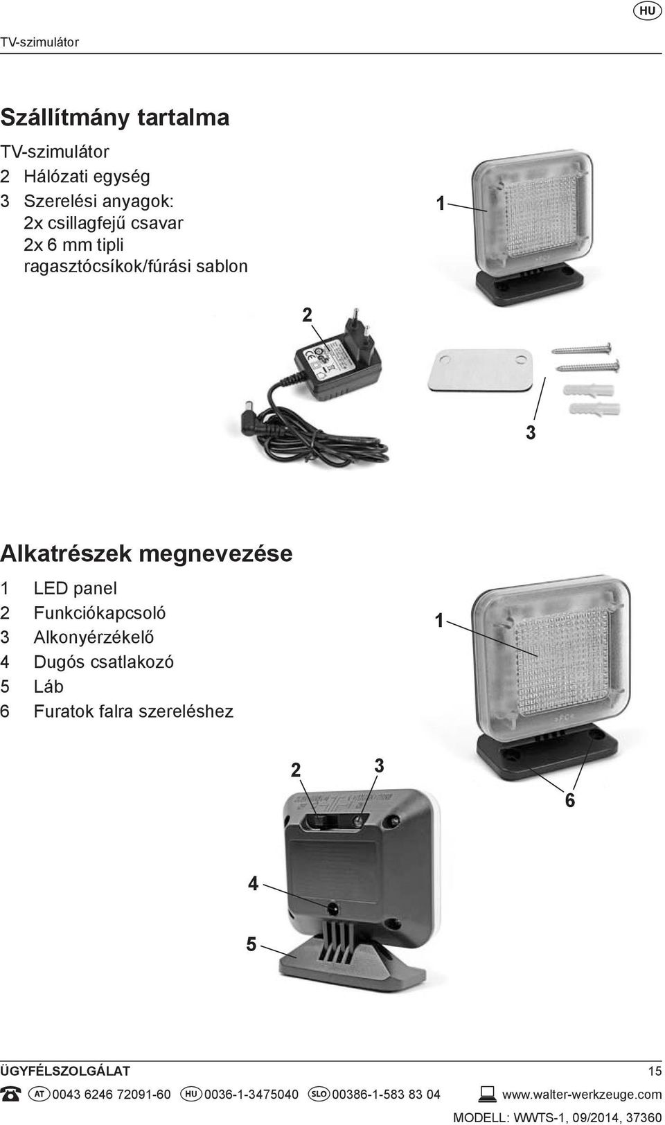 panel 2 Funkciókapcsoló 3 Alkonyérzékelő 4 Dugós csatlakozó 5 Láb 6 Furatok falra szereléshez 1 2