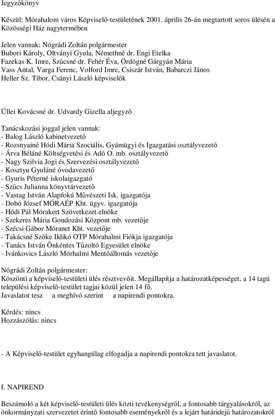 Fehér Éva, Ördögné Gárgyán Mária Vass Antal, Varga Ferenc, Volford Imre, Csiszár István, Babarczi János Heller Sz. Tibor, Csányi László képviselők Üllei Kovácsné dr.