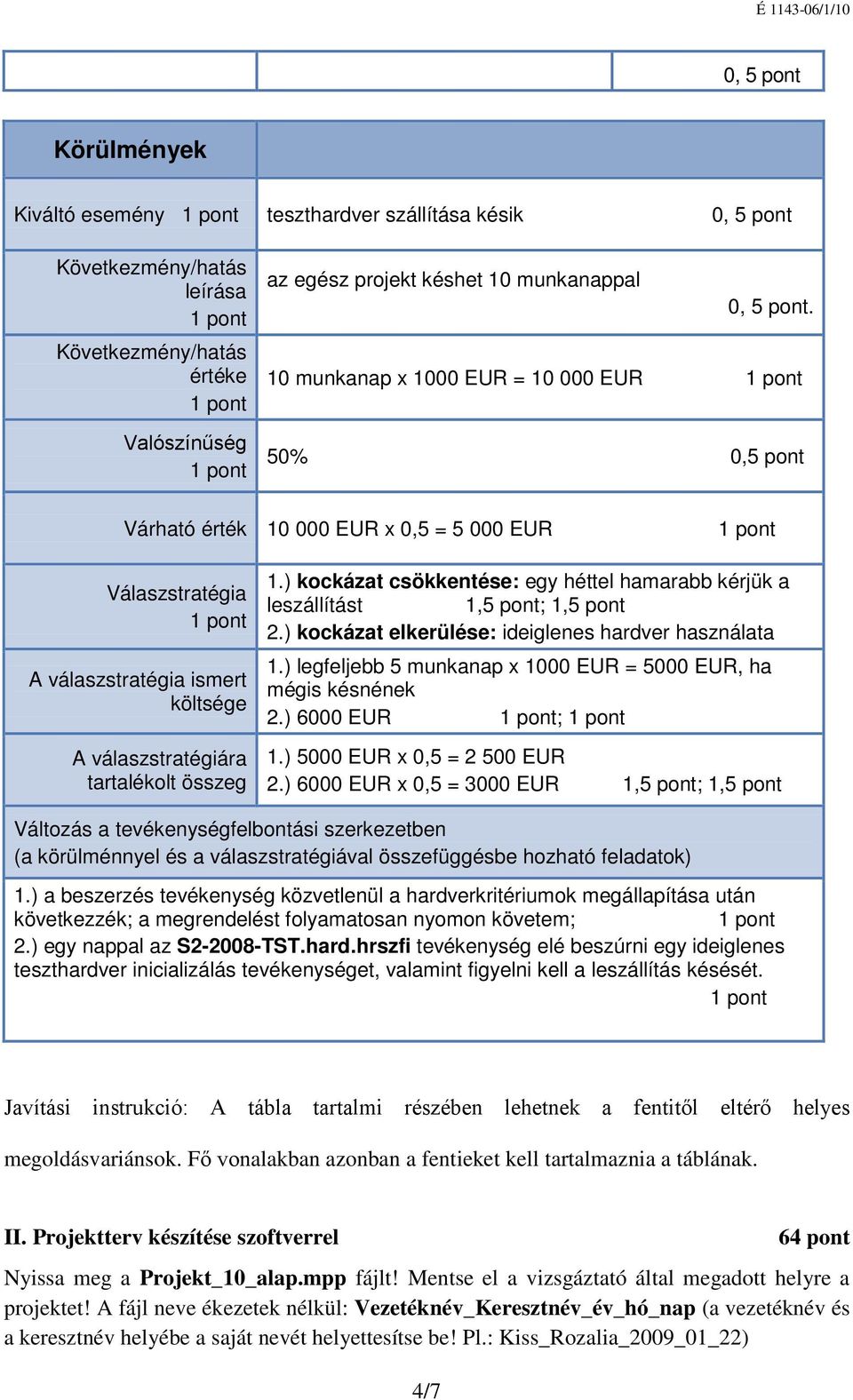 ) kockázat csökkentése: egy héttel hamarabb kérjük a leszállítást 1,5 pont; 1,5 pont 2.) kockázat elkerülése: ideiglenes hardver használata 1.