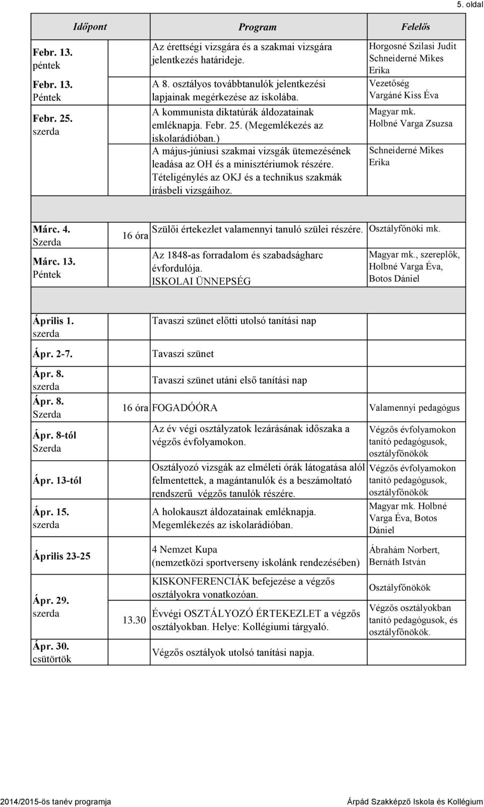 Tételigénylés az OKJ és a technikus szakmák írásbeli vizsgáihoz. Vezet ség Vargáné Kiss Éva Magyar mk. Holbné Varga Zsuzsa Márc. Ő. Márc. 13. 16 óra Szül i értekezlet valamennyi tanuló szülei részére.