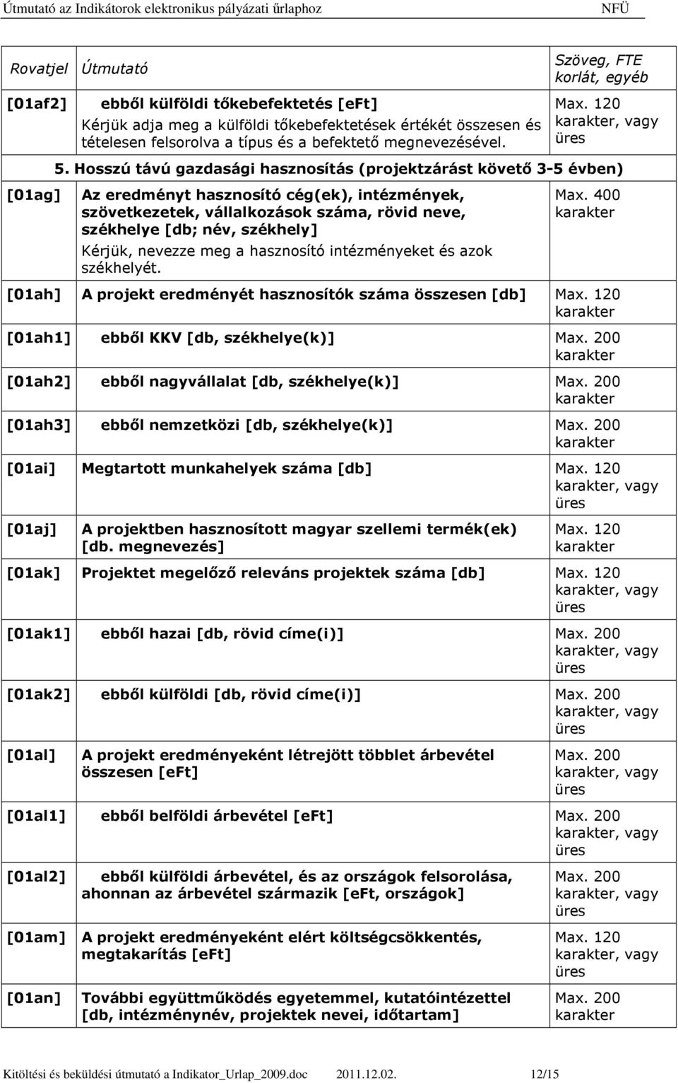 Hosszú távú gazdasági hasznosítás (projektzárást követı 3-5 évben) [01ag] Az eredményt hasznosító cég(ek), intézmények, szövetkezetek, vállalkozások száma, rövid neve, székhelye [db; név, székhely]