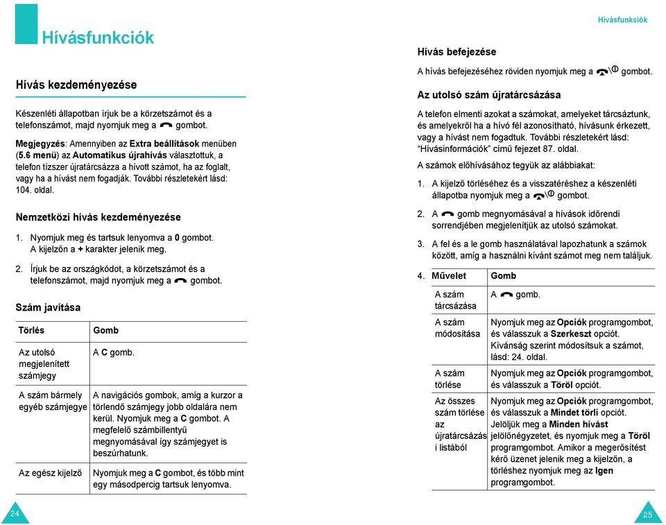 További részletekért lásd: 104. oldal. Nemzetközi hívás kezdeményezése 1. Nyomjuk meg és tartsuk lenyomva a 0 gombot. A kijelzőn a + karakter jelenik meg. 2.