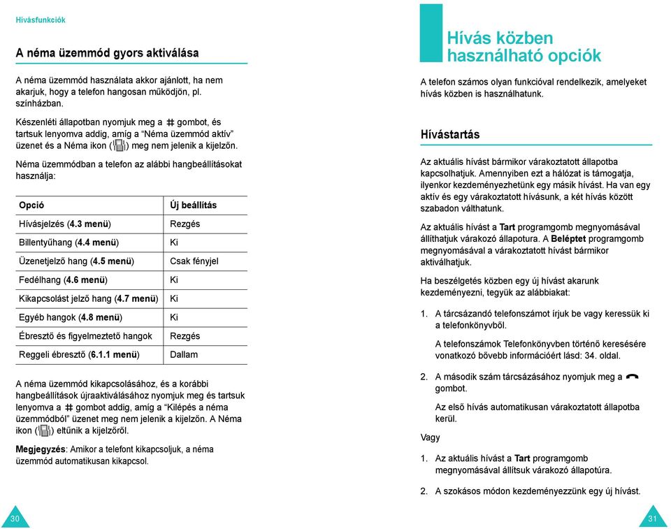 Néma üzemmódban a telefon az alábbi hangbeállításokat használja: Opció Hívásjelzés (4.3 menü) Billentyűhang (4.4 menü) Üzenetjelző hang (4.5 menü) Fedélhang (4.6 menü) Kikapcsolást jelző hang (4.