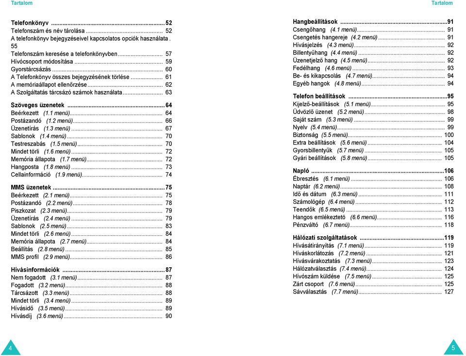 .. 63 Szöveges üzenetek... 64 Beérkezett (1.1 menü)... 64 Postázandó (1.2 menü)... 66 Üzenetírás (1.3 menü)... 67 Sablonok (1.4 menü)... 70 Testreszabás (1.5 menü)... 70 Mindet törli (1.6 menü).