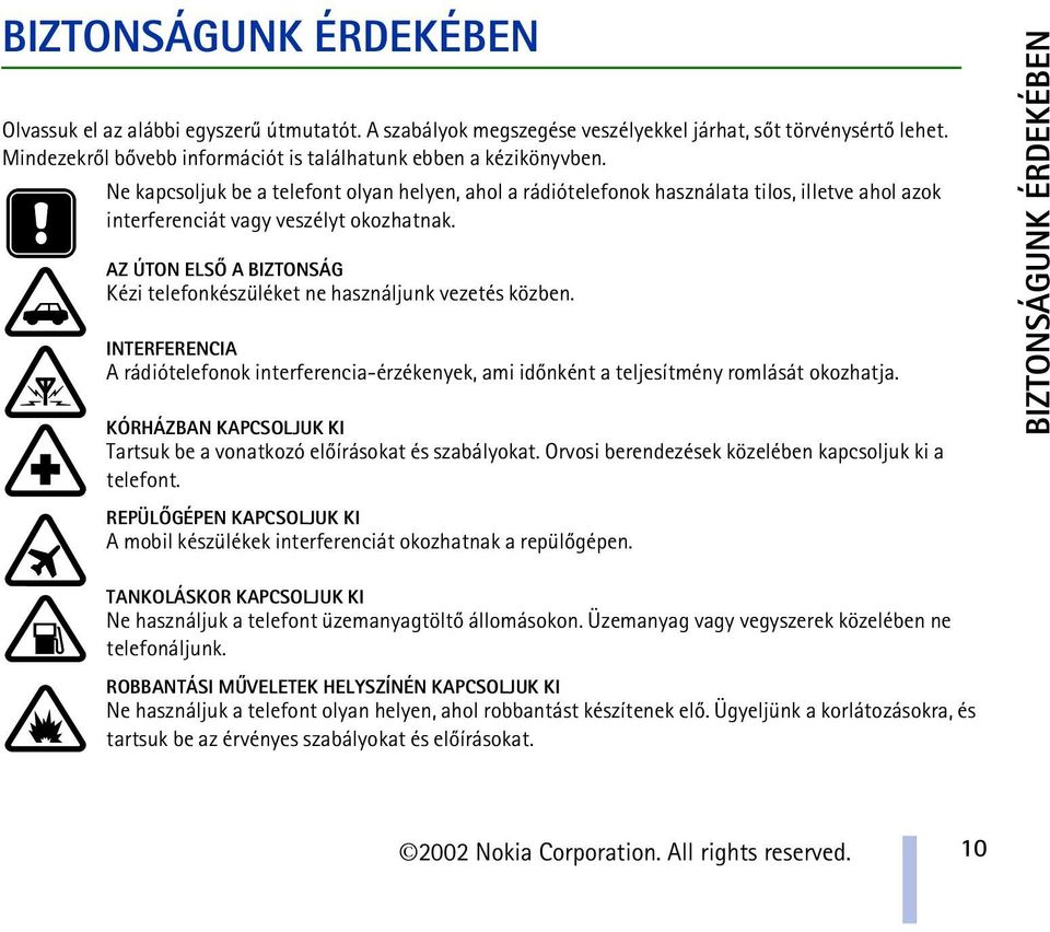 AZ ÚTON ELSÕ A BIZTONSÁG Kézi telefonkészüléket ne használjunk vezetés közben. INTERFERENCIA A rádiótelefonok interferencia-érzékenyek, ami idõnként a teljesítmény romlását okozhatja.