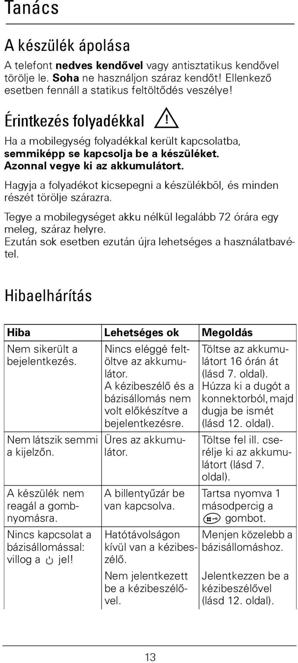 Hagyja a folyadékot kicsepegni a készülékbõl, és minden részét törölje szárazra. Tegye a mobilegységet akku nélkül legalább 72 órára egy meleg, száraz helyre.