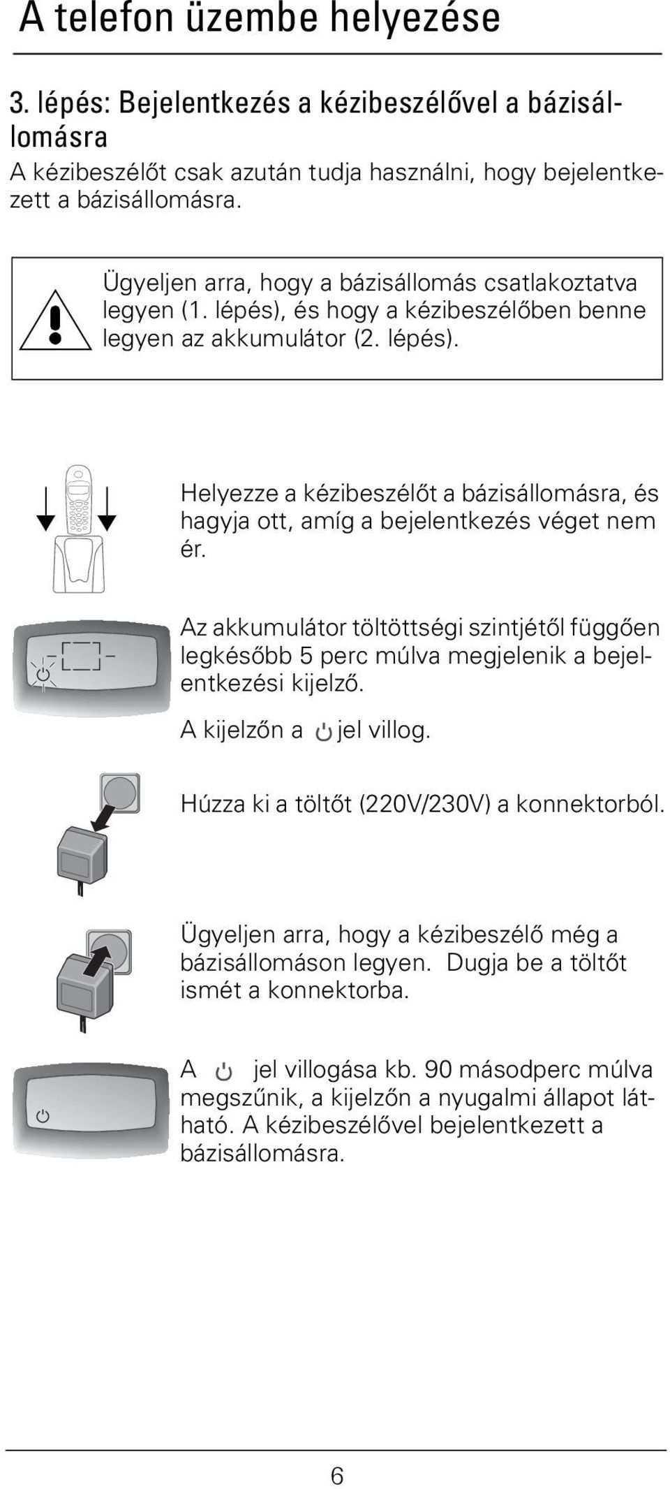 Az akkumulátor töltöttségi szintjétől függően legkésőbb 5 perc múlva megjelenik a bejelentkezési kijelző. A kijelzőn a /jel villog. Húzza ki a töltőt (220V/230V) a konnektorból.