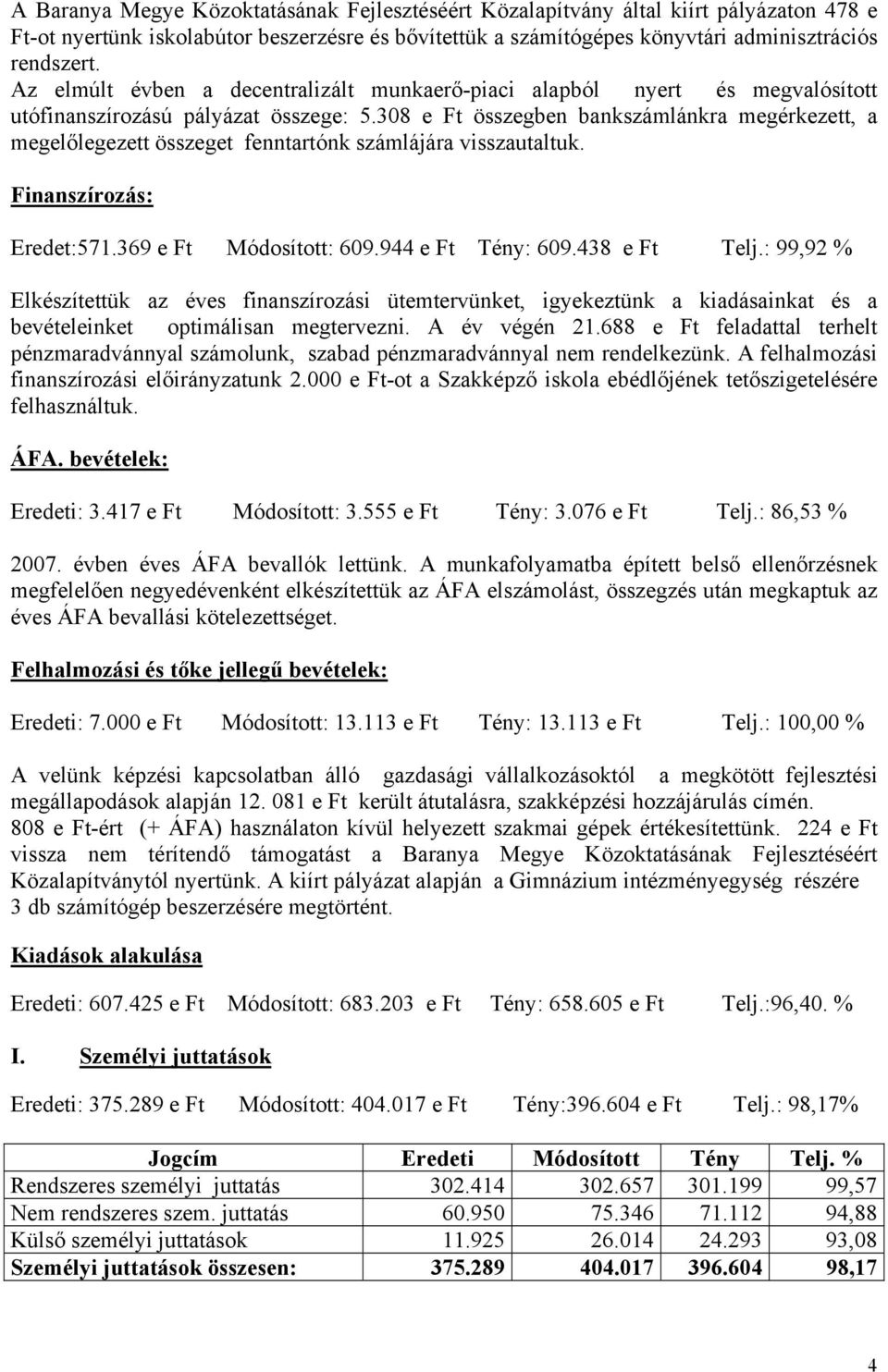 308 e Ft összegben bankszámlánkra megérkezett, a megelőlegezett összeget fenntartónk számlájára visszautaltuk. Finanszírozás: Eredet:571.369 e Ft Módosított: 609.944 e Ft Tény: 609.438 e Ft Telj.