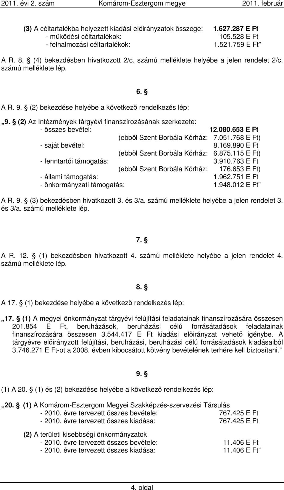 (2) Az Intézmények tárgyévi finanszírozásának szerkezete: - összes bevétel: 12.080.653 E Ft (ebből Szent Borbála Kórház: 7.051.768 E Ft) - saját bevétel: 8.169.890 E Ft (ebből Szent Borbála Kórház: 6.