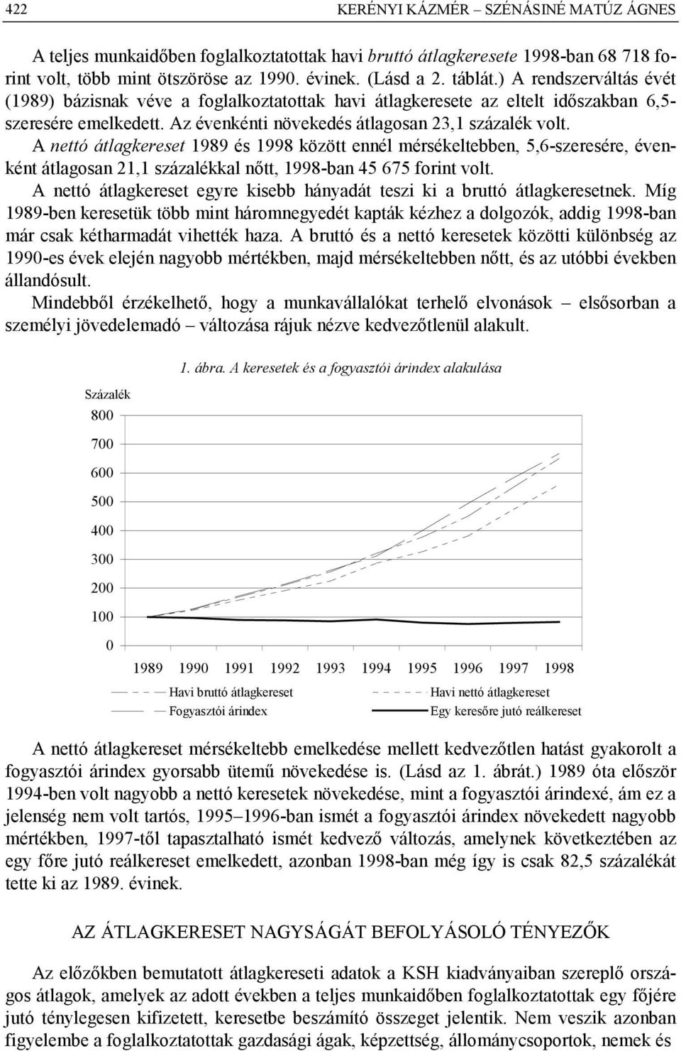 A nettó átlagkereset 1989 és 1998 között ennél mérsékeltebben, 5,6-szeresére, évenként átlagosan 21,1 százalékkal nőtt, 1998-ban 45 675 forint volt.