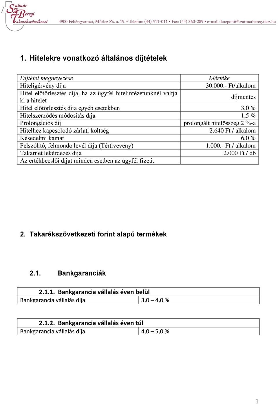 Prolongációs díj prolongált hitelösszeg 2 %-a Hitelhez kapcsolódó zárlati költség 2.640 Ft / alkalom Késedelmi kamat 6,0 % Felszólító, felmondó levél díja (Tértivevény) 1.000.