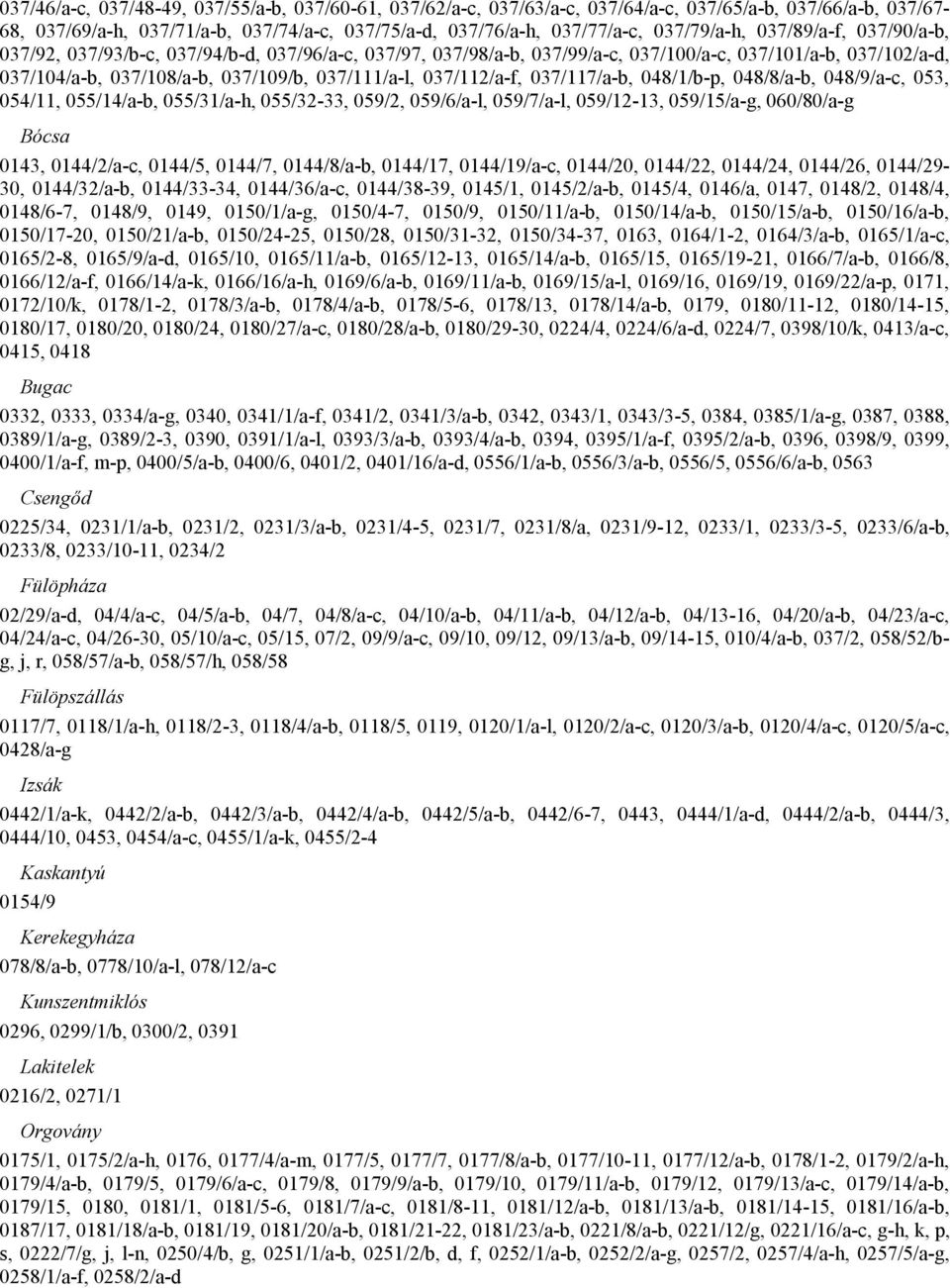 037/111/a-l, 037/112/a-f, 037/117/a-b, 048/1/b-p, 048/8/a-b, 048/9/a-c, 053, 054/11, 055/14/a-b, 055/31/a-h, 055/32-33, 059/2, 059/6/a-l, 059/7/a-l, 059/12-13, 059/15/a-g, 060/80/a-g Bócsa 0143,