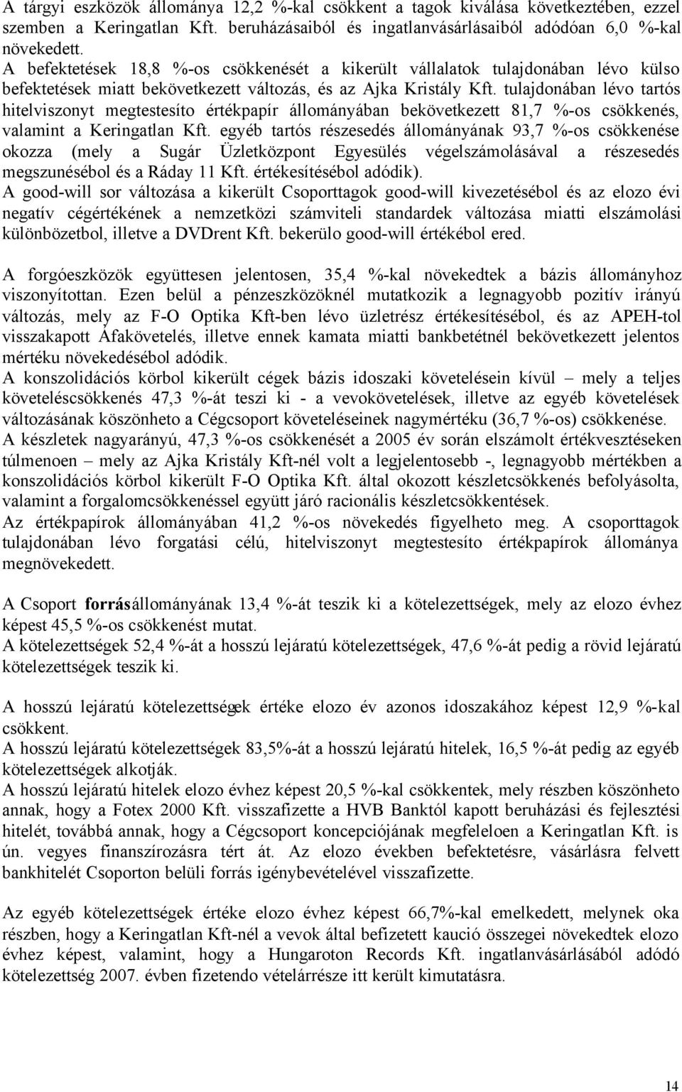 tulajdonában lévo tartós hitelviszonyt megtestesíto értékpapír állományában bekövetkezett 81,7 %-os csökkenés, valamint a Keringatlan Kft.