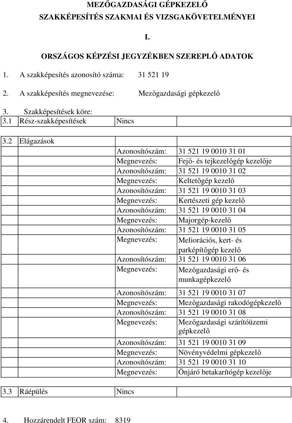 2 Elágazások Azonosítószám: 31 521 19 0010 31 01 Megnevezés: Fejő- és tejkezelőgép kezelője Azonosítószám: 31 521 19 0010 31 02 Megnevezés: Keltetőgép kezelő Azonosítószám: 31 521 19 0010 31 03