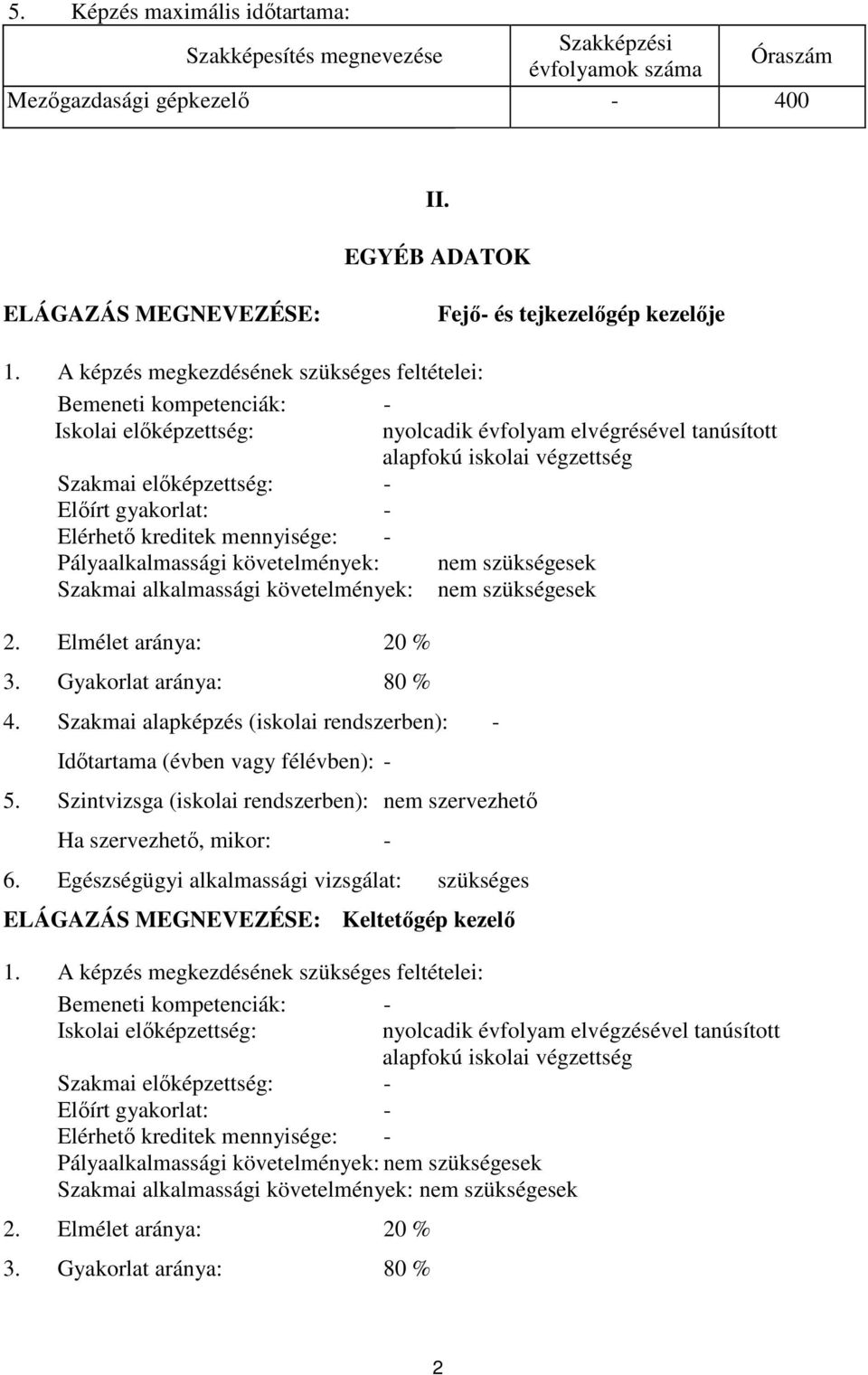 követelmények: Szakmai alkalmassági követelmények: 2. Elmélet aránya: 20 % 3. Gyakorlat aránya: 80 % 4.