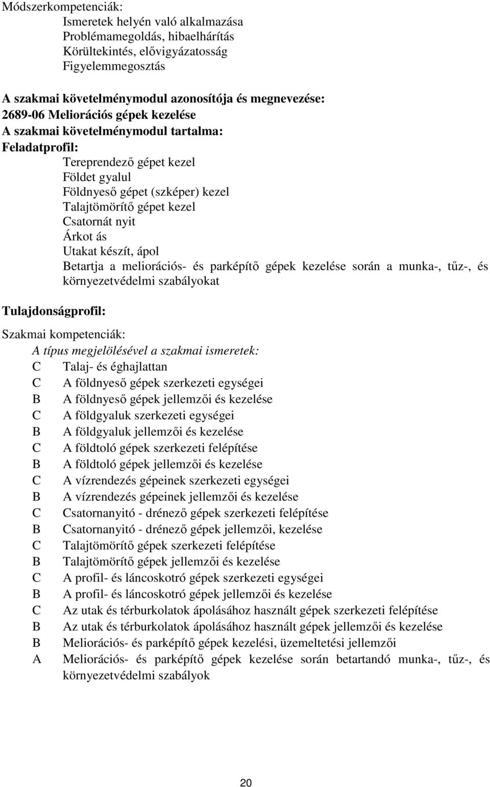 Utakat készít, ápol etartja a meliorációs- és parképítő gépek kezelése során a munka-, tűz-, és környezetvédelmi szabályokat Tulajdonságprofil: Szakmai kompetenciák: A típus megjelölésével a szakmai