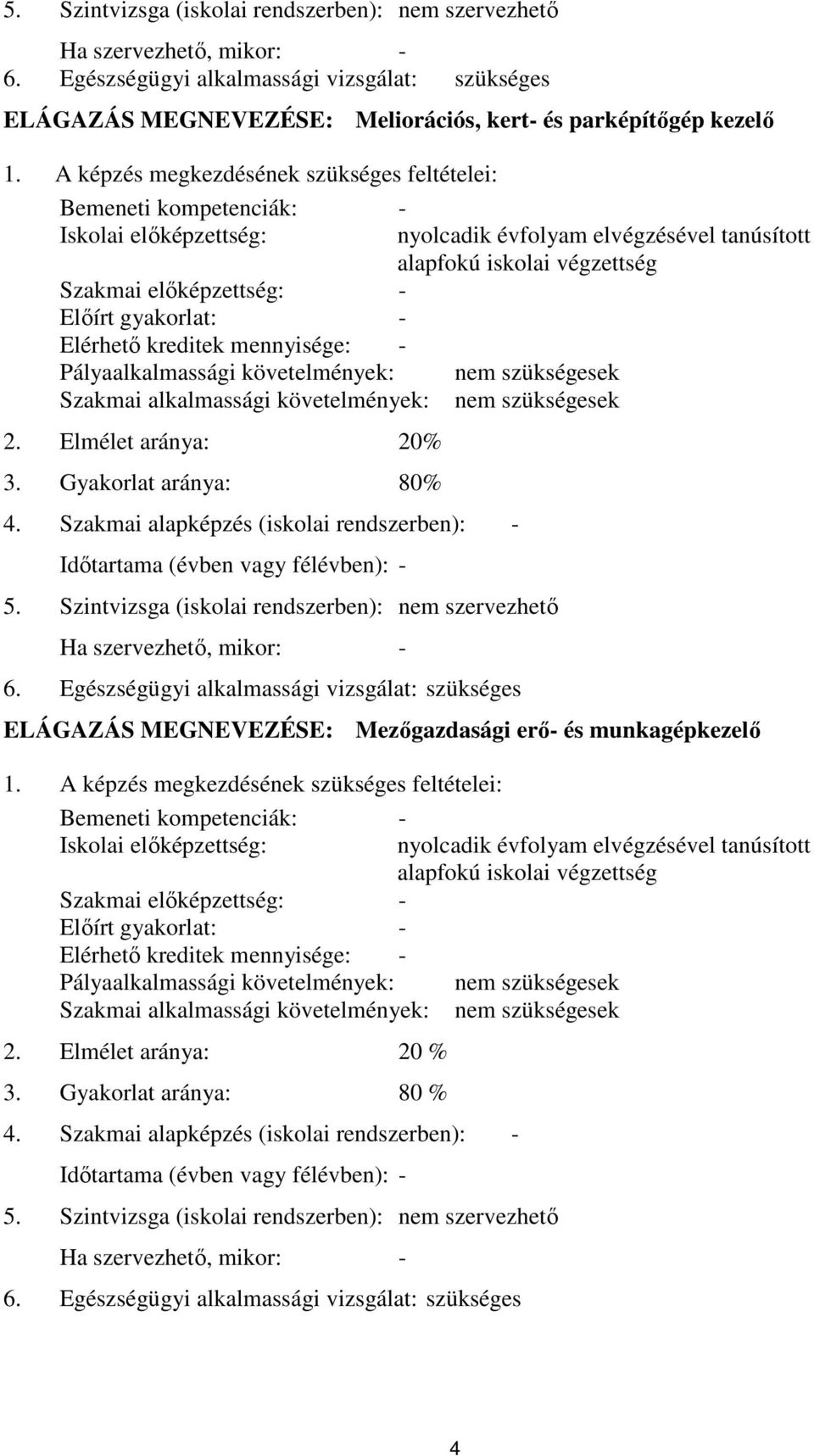 követelmények: Szakmai alkalmassági követelmények: 2. Elmélet aránya: 20% 3. Gyakorlat aránya: 80% 4.