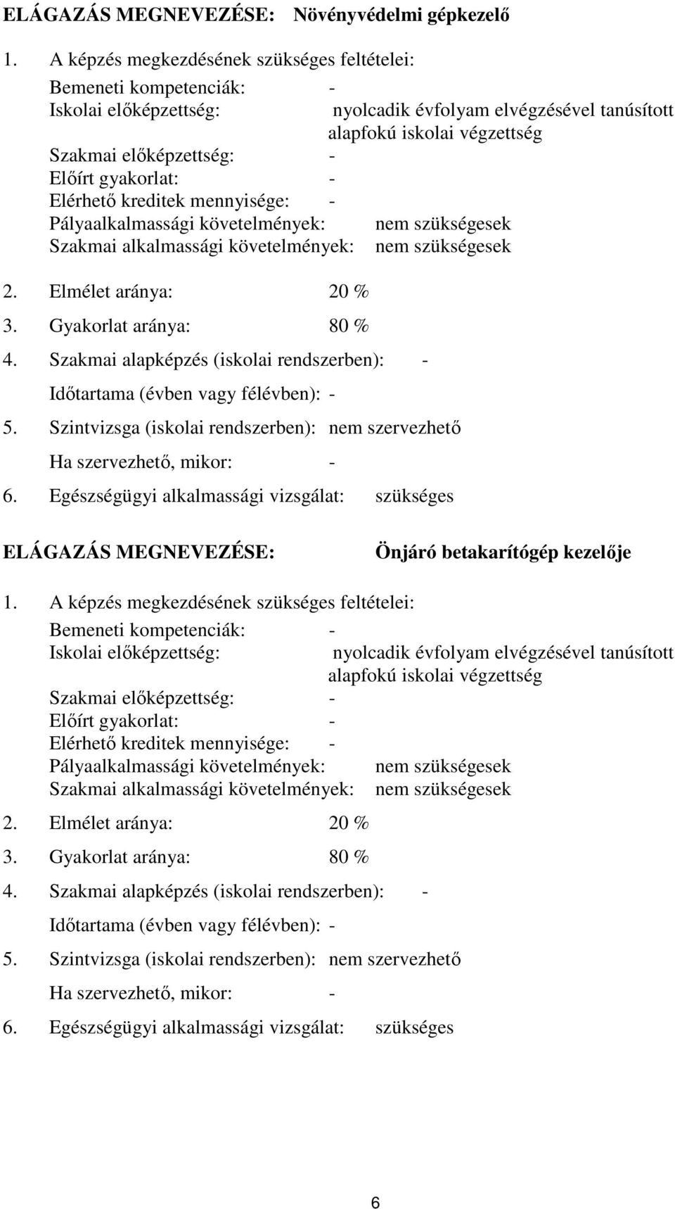 követelmények: Szakmai alkalmassági követelmények: 2. Elmélet aránya: 20 % 3. Gyakorlat aránya: 80 % 4.