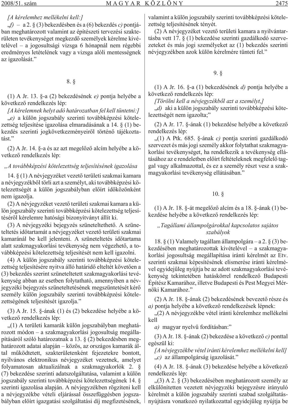 régebbi eredményes letételének vagy a vizsga alóli mentességnek az igazolását. 8. (1) A Jr. 13.