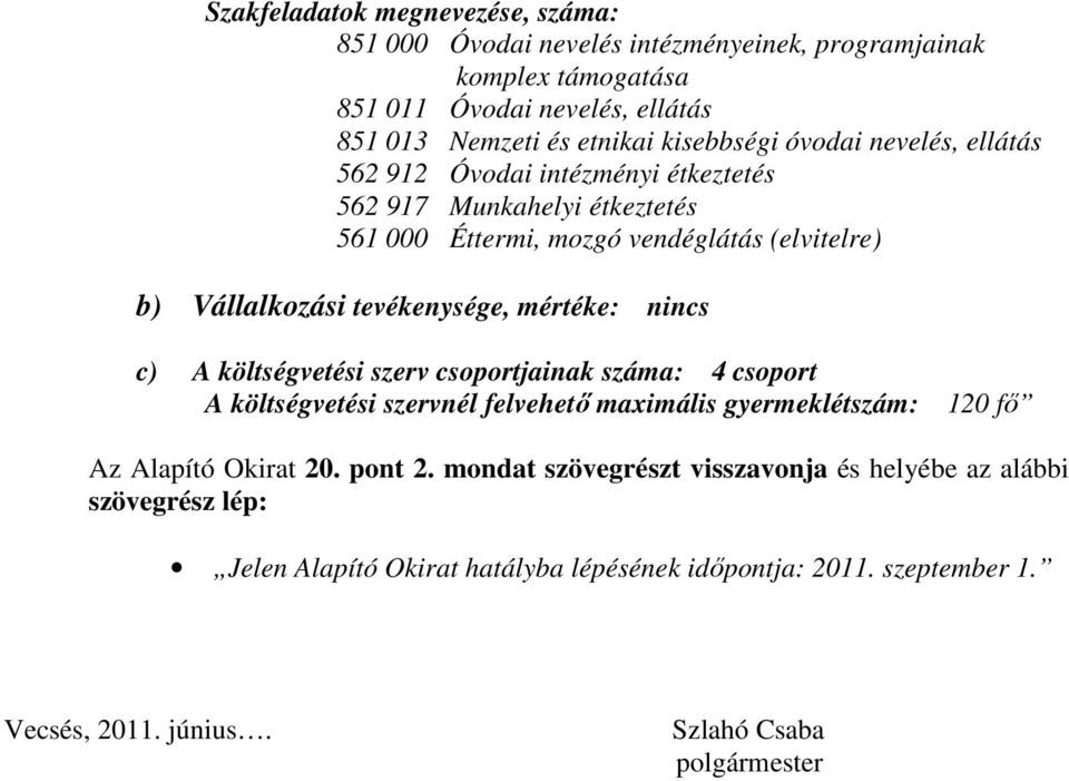 tevékenysége, mértéke: nincs c) A költségvetési szerv csoportjainak száma: 4 csoport A költségvetési szervnél felvehetı maximális gyermeklétszám: 120 fı Az Alapító Okirat