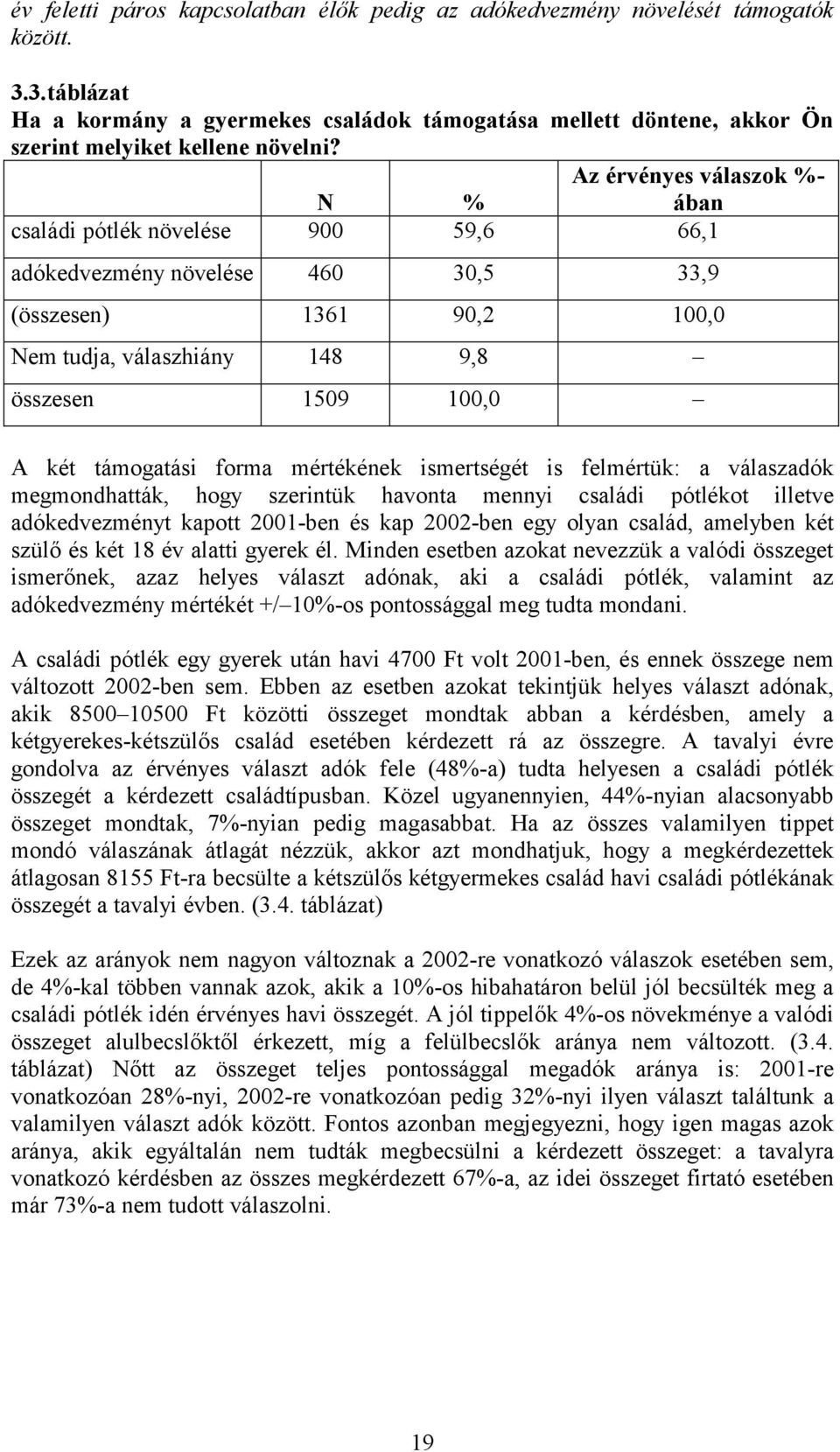 Az érvényes válaszok %- N % ában családi pótlék növelése 900 59,6 66,1 adókedvezmény növelése 460 30,5 33,9 (összesen) 1361 90,2 100,0 Nem tudja, válaszhiány 148 9,8 összesen 1509 100,0 A két