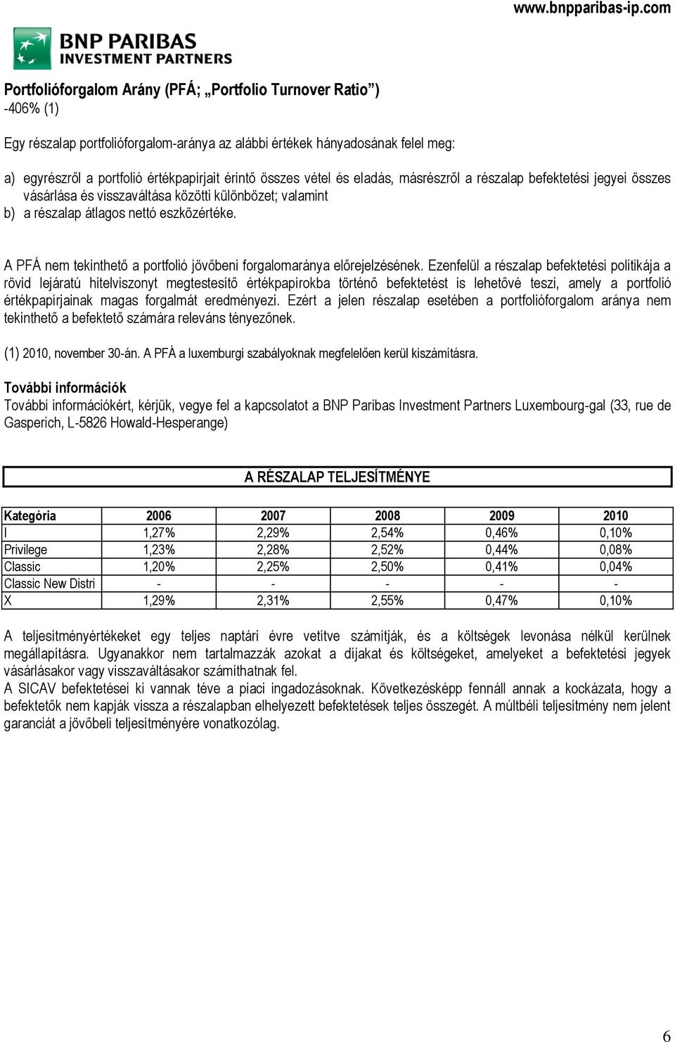 A PFÁ nem tekinthető a portfolió jövőbeni forgalomaránya előrejelzésének.